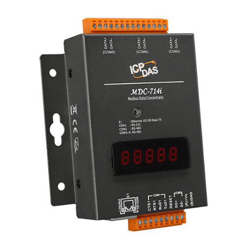 MDC-714i Modbus data concentrator with 1 x Ethernet, 1 x RS-232 and 4 x RS-485 comprised of non-isolated and isolated ports (RoHS)