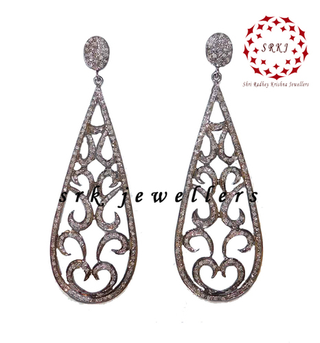 925 Starling Silver Handmade Pave Diamond Fancy Long Earrings