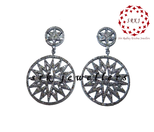 925 Starling Silver Handmade Pave Diamond Fancy Round Long Earrings