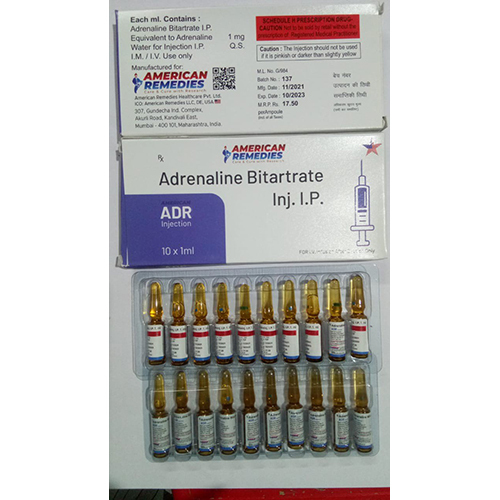 Adernaline Bitartatrate Injection - Ingredients: Lidocaine (21.3Mg/Ml) + Adrenaline (0.005Mg/Ml) + Sodium Chloride (6Mg/Ml) + Sodium Metabisulphite (