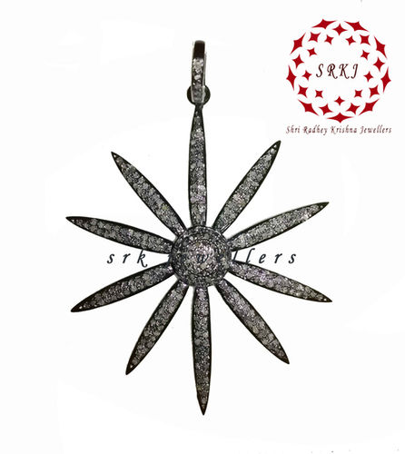 925 Starling Silver Handmade Pave Diamond Sunburst Style Pendant