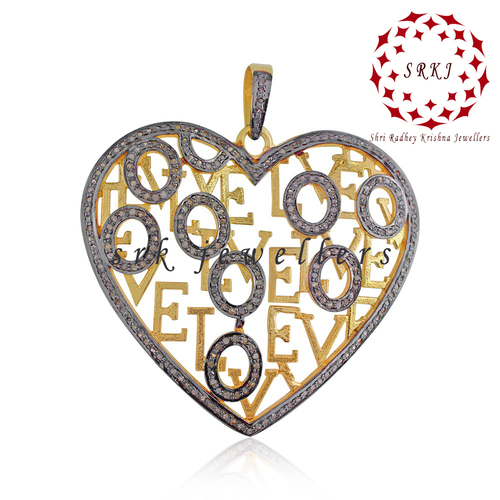 925 Starling Silver Handmade Pave Diamond Love Heart Shape Two Tone Pendant - Gender: Women