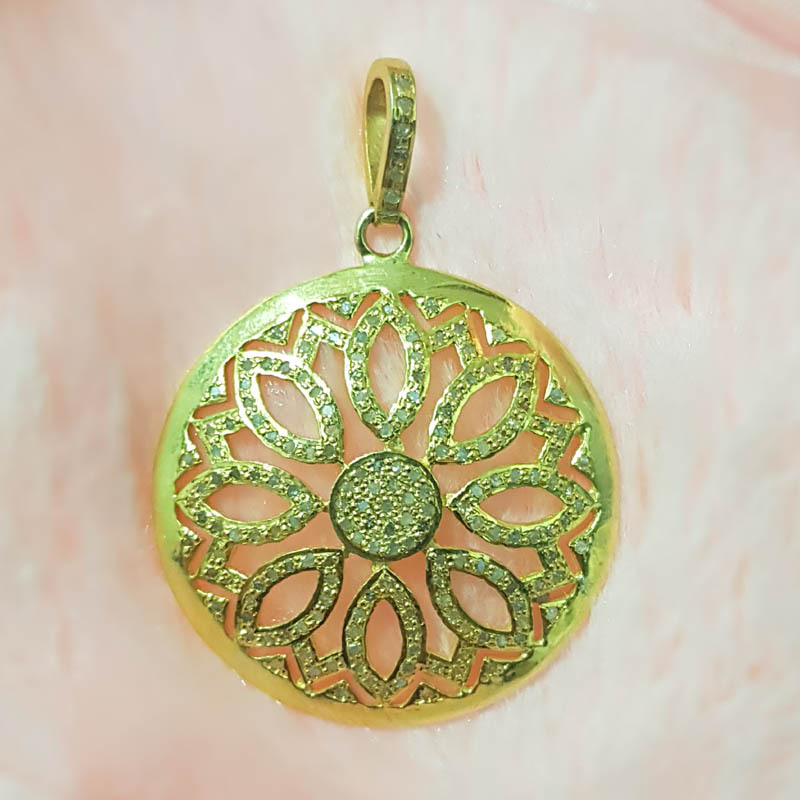 Starling silver Handmade Pave Diamond Flower Shape Two Tone Pendant