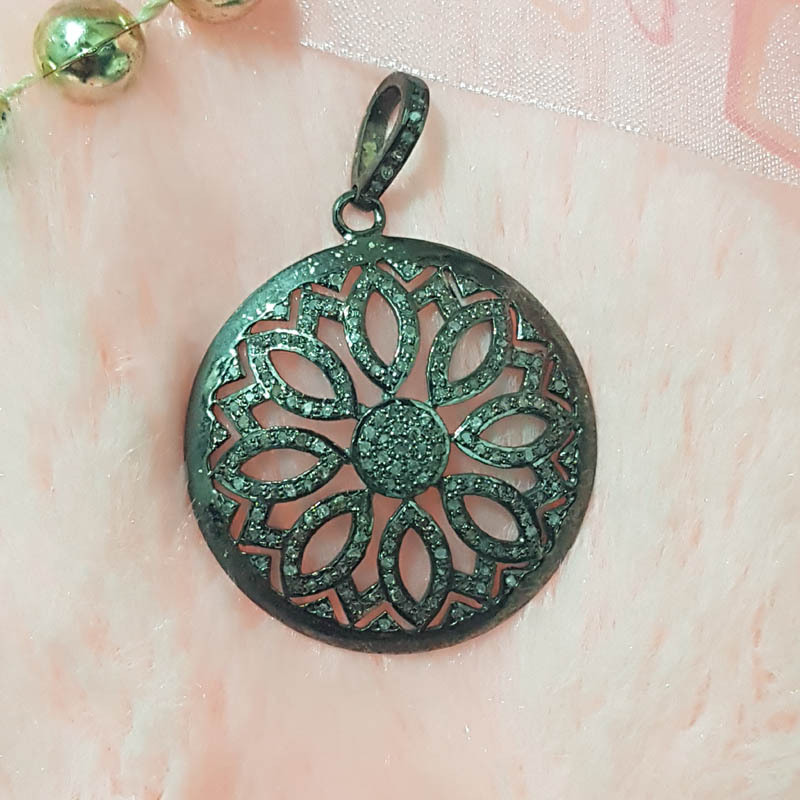 Starling silver Handmade Pave Diamond Flower Shape Two Tone Pendant