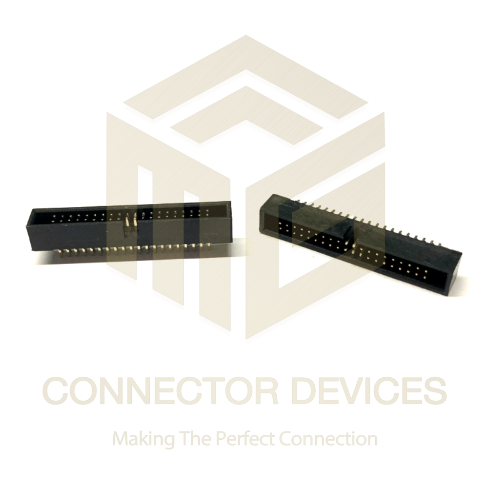 Frc Male Connector 1.27mm Box Header - Brass Alloy, Straight And Right Angle, 10-64 Pin, -40â°c To +105â°c, Black Plastic Insulation, Pcb Mounting, Lightweight