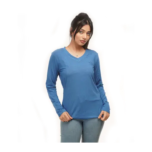 Different Available Ladies Royal Blue Bamboo Full Sleeves V Neck T Shirt