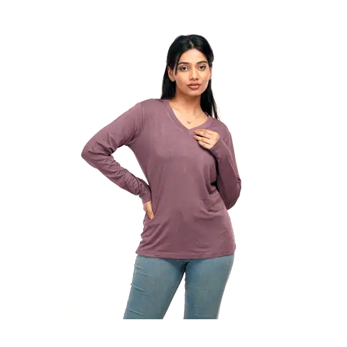 Different Available Ladies Burgundy Bamboo Full Sleeves V Neck T Shirt