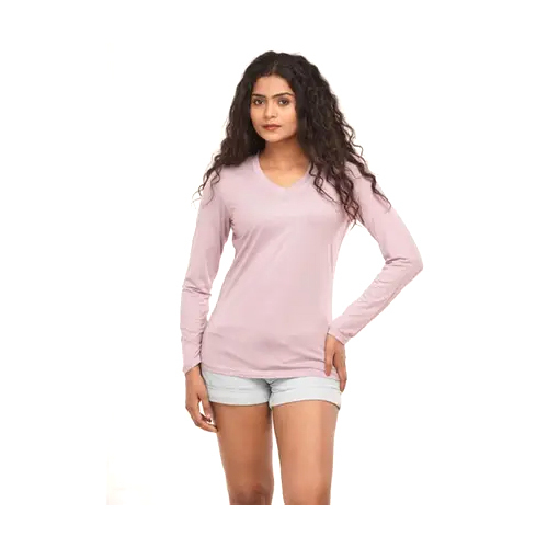 Ladies Cotton V Neck Full Sleeves T-Shirt - Customizable Sizes, Elegant Baby Pink Color, Versatile and Comfortable Design