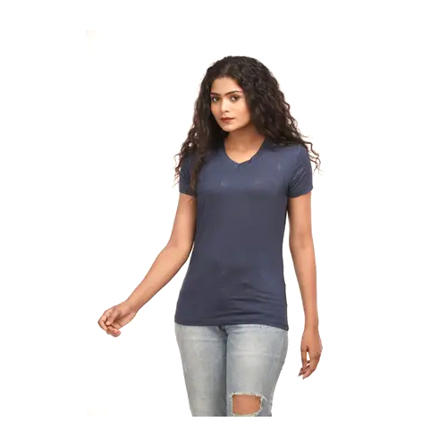 Different Available Ladies Navy Blue Bamboo Half Sleeves V Neck T Shirt