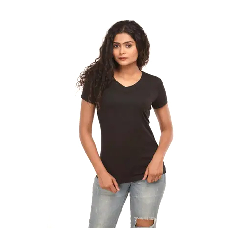 Different Available Ladies Navy Black Half Sleeves V Neck T Shirt