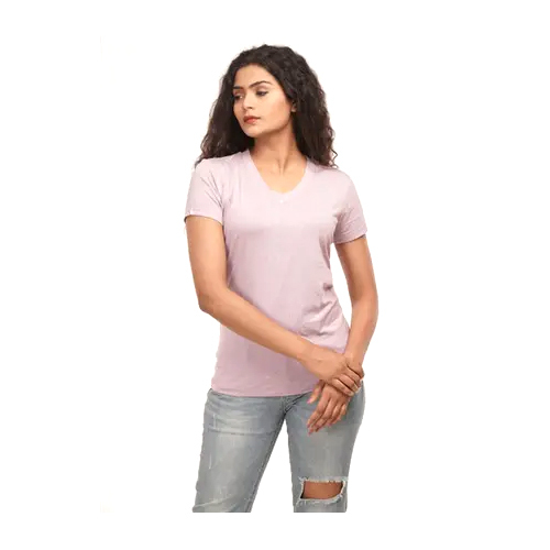 Different Available Ladies Baby Pink Bamboo Half Sleeves V Neck T Shirt