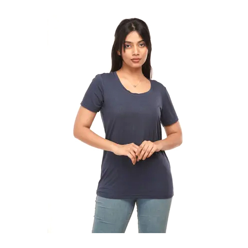 Different Available Ladies Navy Blue Bamboo Half Sleeves T Shirt