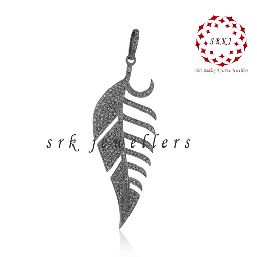 Starling silver Handmade Pave Diamond Black Leaf Shape Pendant