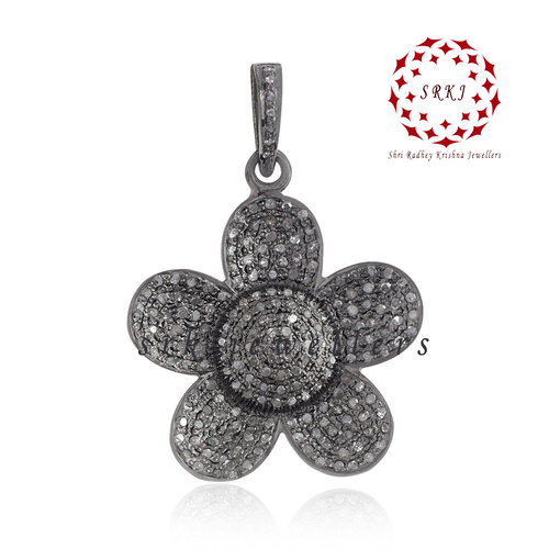925 Starling silver Handmade Pave Diamond Flower Shape Fancy Pendant