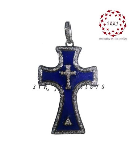 Starling Silver Handmade Pave Diamond Cross Style Fancy Pendant - Gender: Men