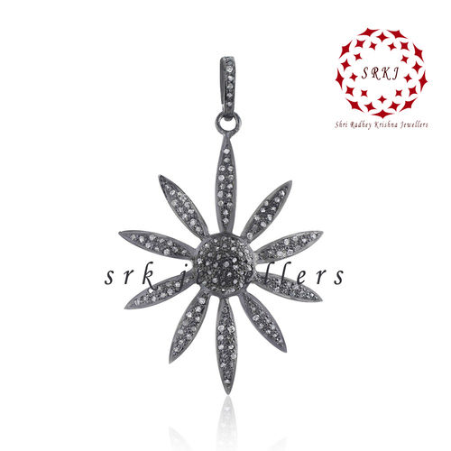 Starling silver Handmade Pave Diamond Black Sunburst And Flower Style Pendant