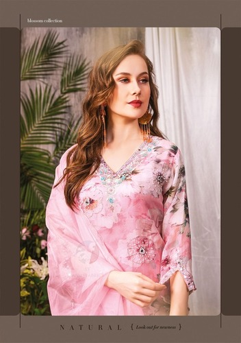 Pure Organza V Neck Kurti Pant Set with Handwork