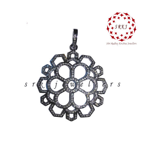 Starling silver Handmade Pave Diamond Black Fancy Flower Pendant