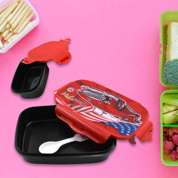 BEAUTIFUL CAR DESIGN PRINTED PLASTIC LUNCH BOX WITH INSIDE SMALL BOX AND  SPOON FOR KIDS