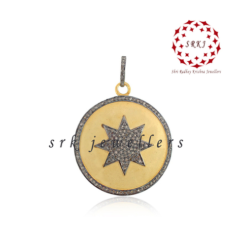 Starling silver Handmade Pave Diamond Two Tone Round Disk Star Pendant