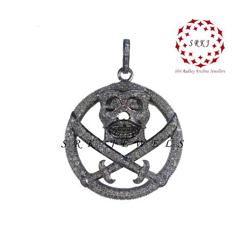 925 Starling Silver Handmade Pave Diamond Round Black Skull Pendant - Gender: Women