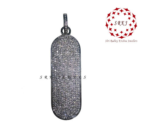 925 Starling silver Handmade Pave Diamond Oval Dog Tag Pendant