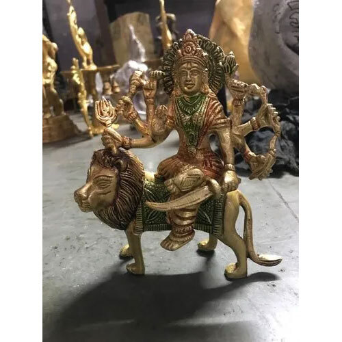 Brass Durga Statue - 6x5x2 inches, Handcrafted Brass, Glossy Finish, Medium Size, Durga on Lion Theme, Symbolizing Strength and Courage