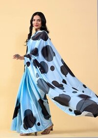 Japan Satin Silk Saree - Color: Blue With Black Patterns