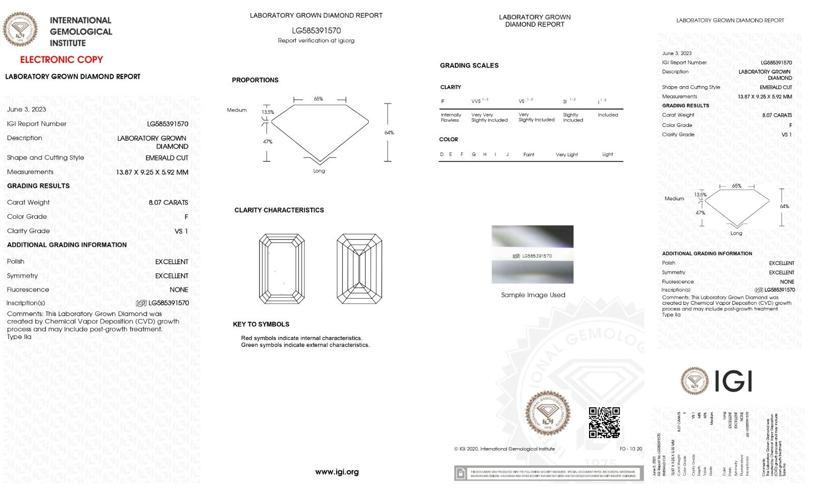 EMERALD 8.70ct F  VS1 IGI 585391570 Lab Grown Diamond NGEC10