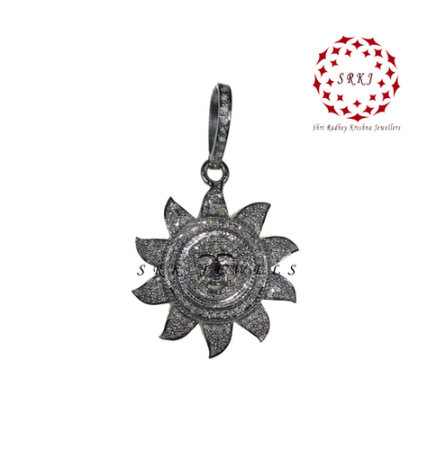 925 Sterling Silver Handmade Pave Diamond Sunburst Pendant - Size 54X22 MM, 0.48 cts Diamond Weight, Elegant Design, Rhodium Plated Finish, Stylish Fashion Accessory