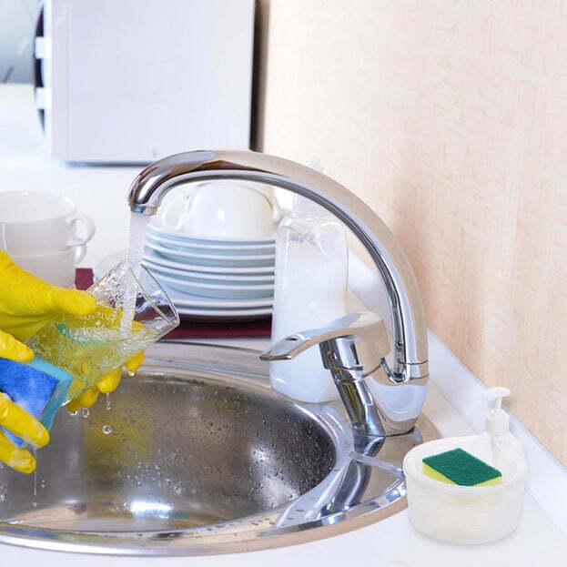 DOUBLE LAYER LIQUID SOAP DISPENSER WITH PUMP AND SPONGE