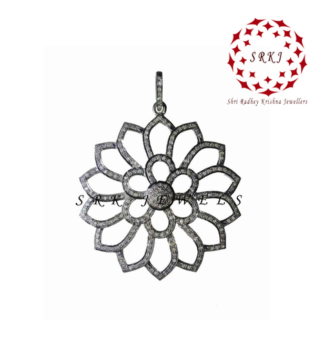 925 Starling silver Handmade Pave Diamond Flower Style Unique Pendant
