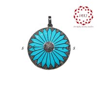 925 Starling Silver Handmade Pave Diamond Round Enamel Turquoise Pendant