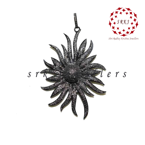 925 Sterling Silver Handmade Pave Diamond Flower Style Pendant - Size 54x22 mm, Black Rhodium Finish | Elegant Design, Stylish Accessory, 0.48 cts Diamond Weight, 4.300 Grams