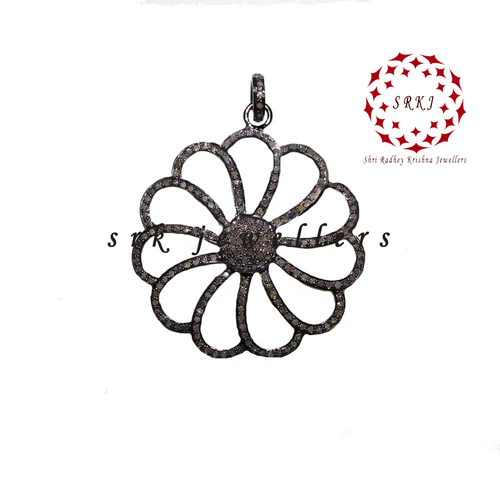 925 Starling silver Handmade Round Flower Style Pave Diamond Pendant