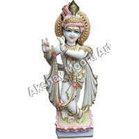 Marble Lord Krishna Statue - 12 Inch, Multicolor Finish | Intricately Designed For Religious Activities, Polished To Perfection