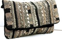 Handcrafted Embellished Evening Clutch Bag - Cotton & Silk, Black And Off-white Color, Ideal For Parties & Weddings