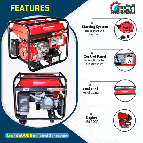 Petrol Generator 3.2 KVA  Model GE 3500RS Recoil and Self Start