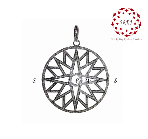 925 Starling silver Handmade Round Fancy Sunburst Pave Diamond Pendant