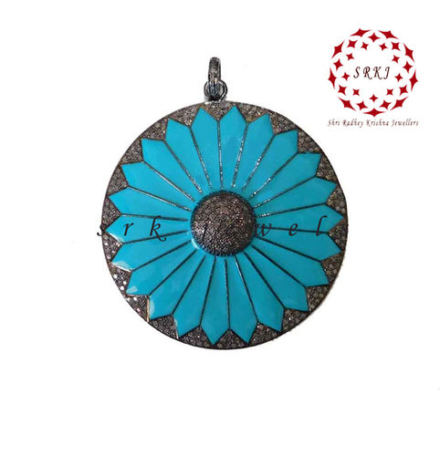 925 Starling silver Handmade Round Flower Style Enamel With Pave Diamond Pendant