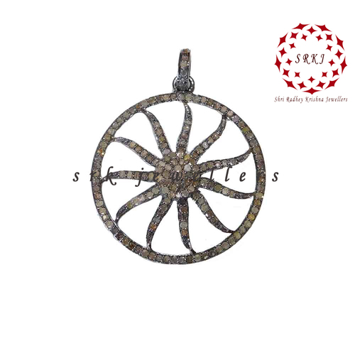 925 Sterling Silver Handmade Sunburst Style Round Pave Diamond Pendant - 54x22 mm, 0.48 ct Diamond Weight, Elegant Design, Rhodium Finish