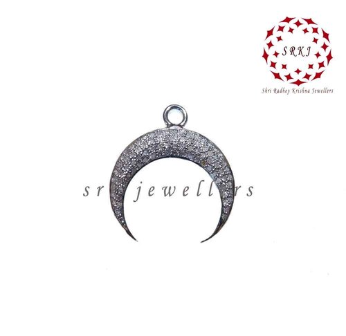925 Sterling Silver Handmade Small Crescent Moon Pave Diamond Pendant - Size 54x22 mm Weight 4.300 Grams | Features: Elegant Design Luxury Jewelry Pave Diamonds