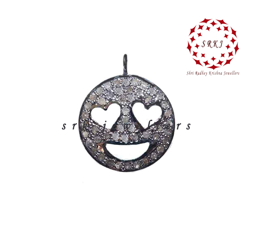 925 Sterling Silver Handmade Pave Diamond Small Round Emoji Pendant - Size 54x22 MM | Elegant Design, High Quality, Rhodium Plated, 0.48 ct Diamond
