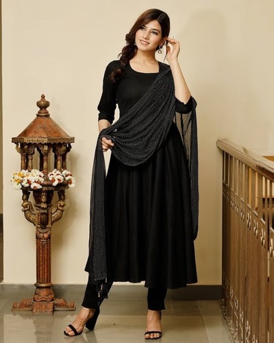 Rayon Casual Wear Solid Anarkali Kurta And Trouser With Dupatta Set