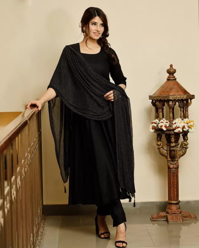 Rayon Casual Wear Solid Anarkali Kurta And Trouser With Dupatta Set