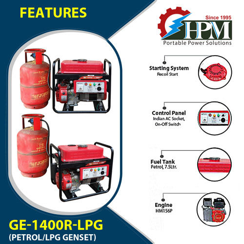 LPG Generator Model 1.2 KVA GE-1400R-LPG Petrol LPG Run Recoil Start