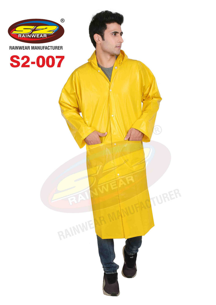 S2-007 PVC Yellow Long Rain Coat - Virgin PVC Material, Free Size, Bright Yellow Color | Long Coat with Hood, Pockets, and Back Slit for Comfort