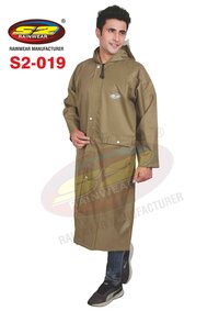 S2-019 Pu Khaki Long Rain Coat With Taping - Pu Polyester Fabric, Free Size, Water Repellent, Attached Hood, Special Inner Tapping, Two Front Pockets