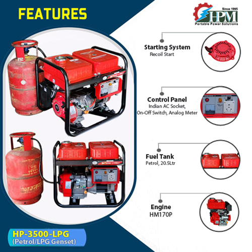 3 KVA  LPG Generator Model HP-3500-LPG Petrol and LPG RUN Recoil Start