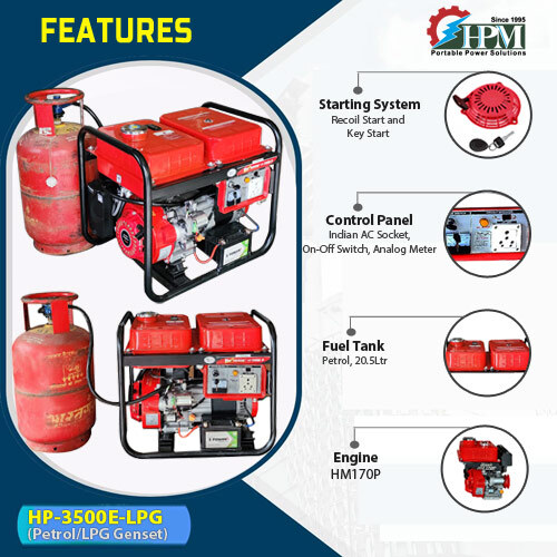 3 KVA Petrol and LPG RUN Generator Model HP-3500E-LPG Recoil and Self Start